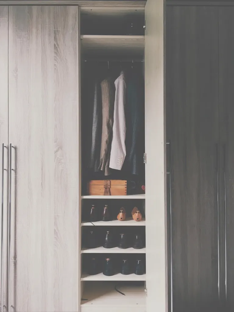 Tall wooden wardrobe with clothes hanging neatly inside