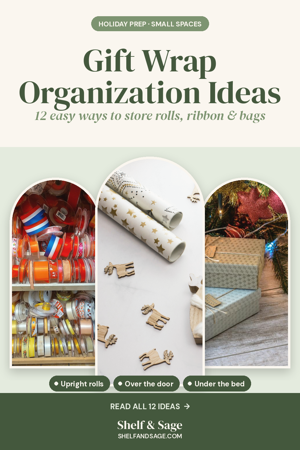 Pinterest graphic: Gift Wrap Organization Ideas: 12 Easy Gift Wrap Storage Solutions