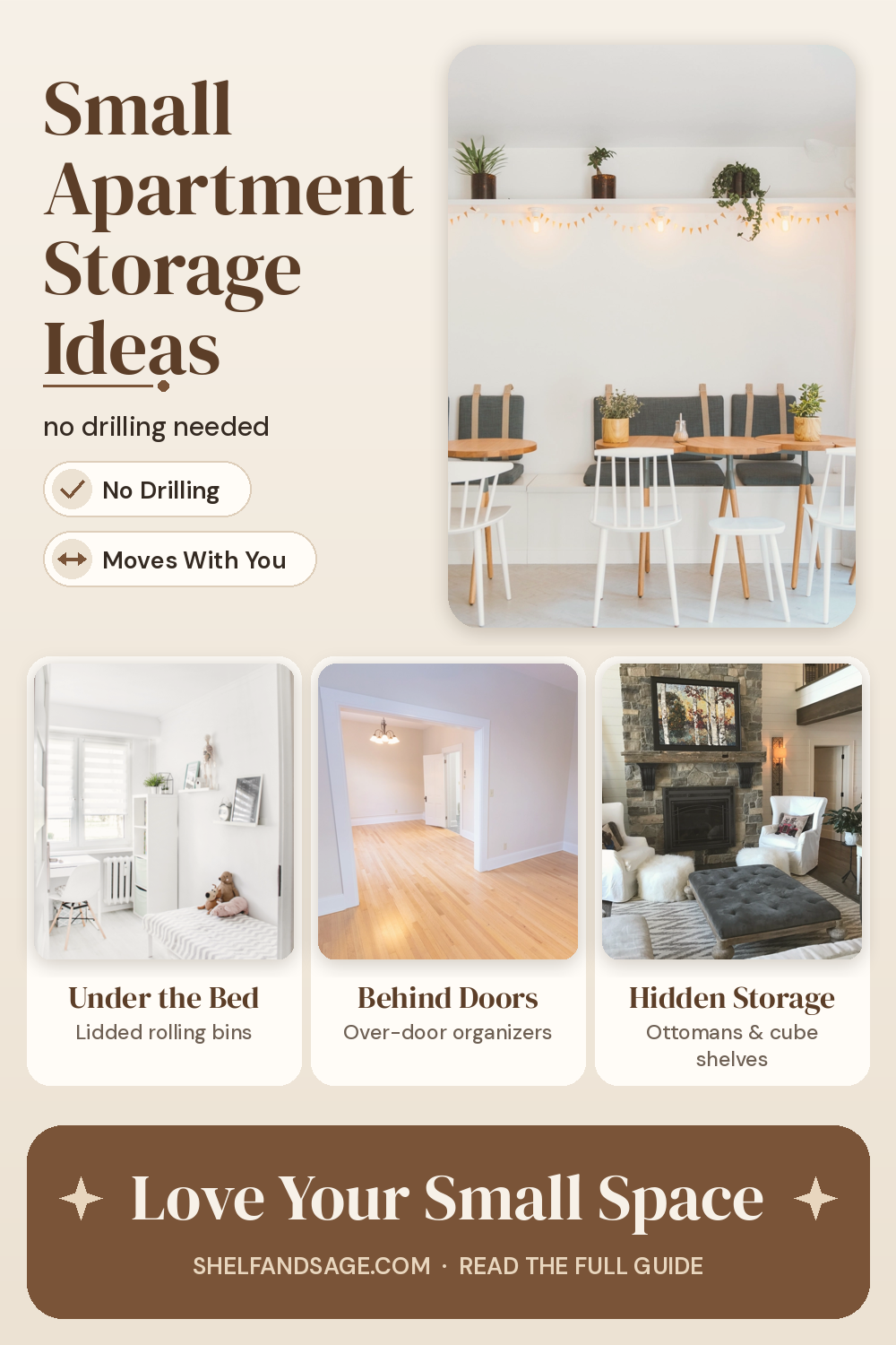 Pinterest graphic: Small Apartment Storage Ideas for Renters (No Drilling Needed)